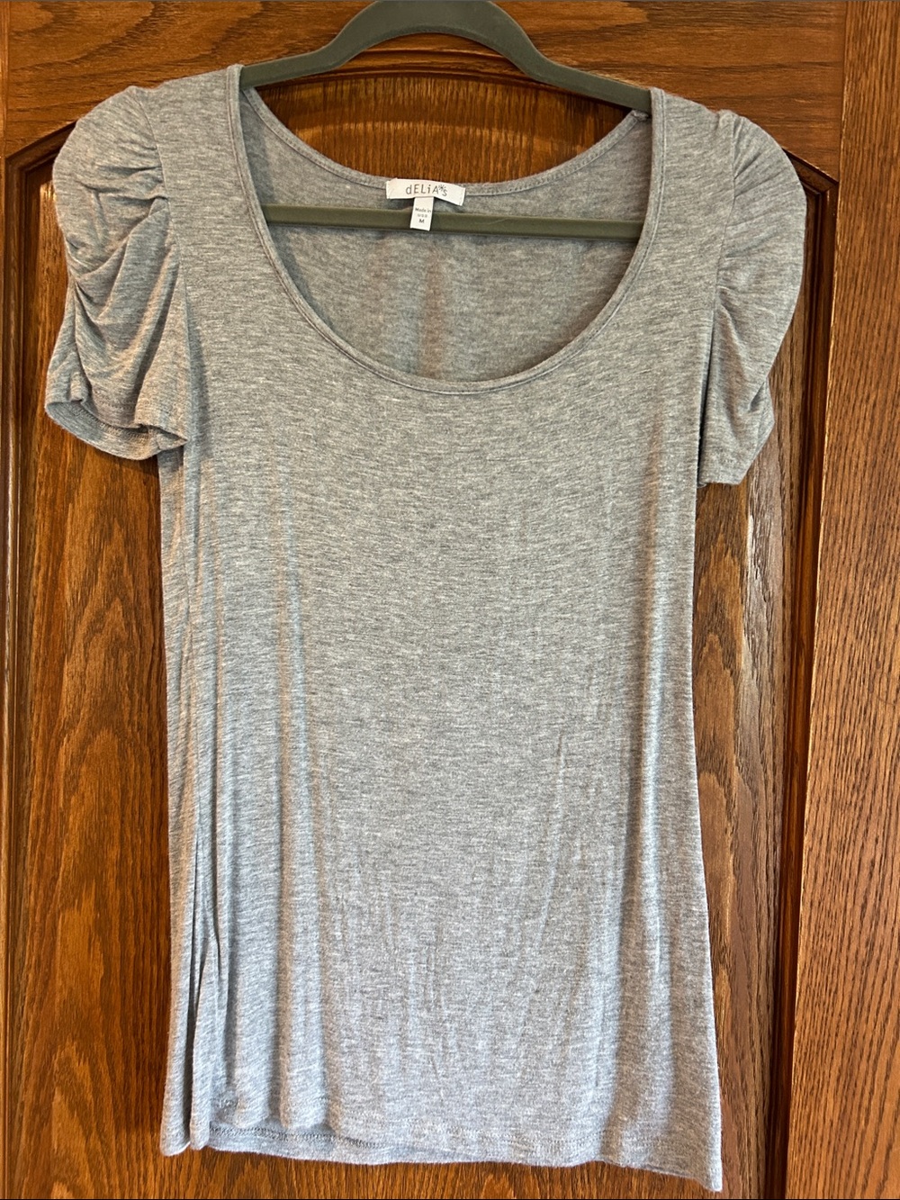 dELiA*s Gray Scoop Neck Short Sleeve Top with Ruched Shoulders